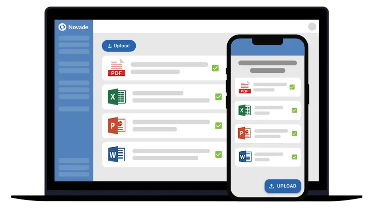 Novade document upload interface on desktop and mobile with supported file types