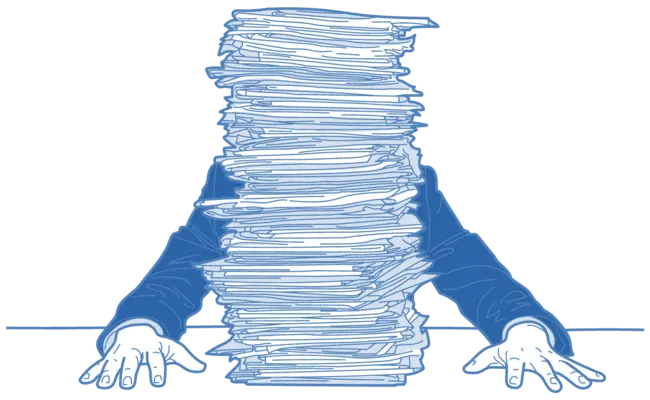 Hands supporting tall stack of documents symbolizing end of paperwork