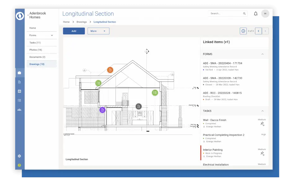 Novade platform displaying construction drawing section with quality control annotations and linked inspection tasks