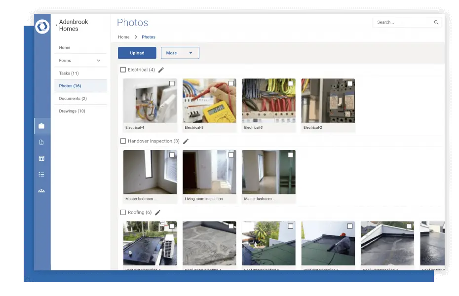 Novade photo management interface for organizing construction inspection documentation by category