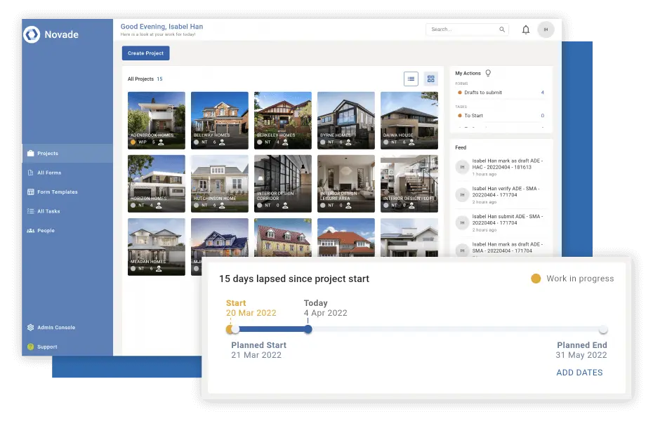 Novade dashboard with residential project photos and construction progress tracking