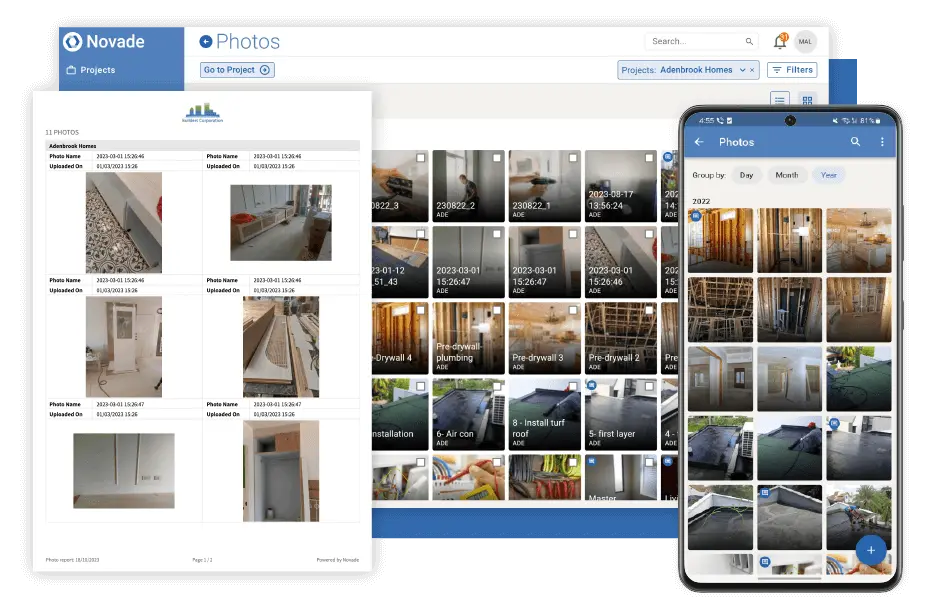 Novade Photos interface displaying construction progress documentation across devices