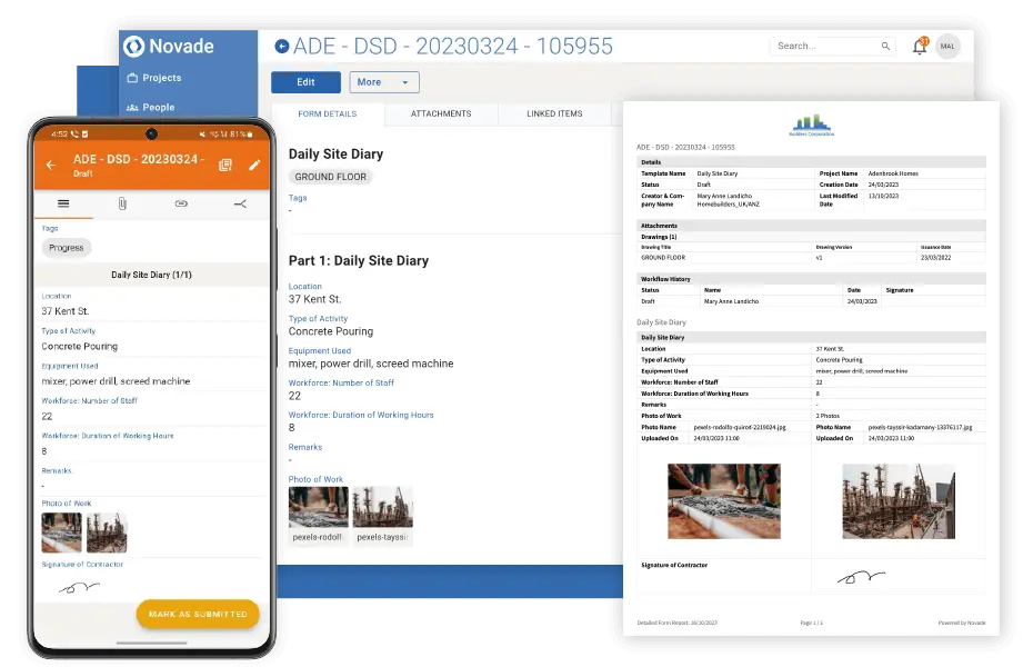 Novade Lite Daily Site Diary construction report on mobile and desktop interfaces