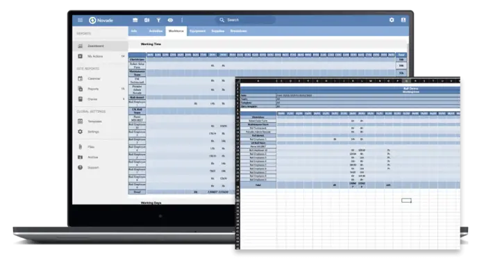 Novade reporting dashboard displaying project schedules and crew data