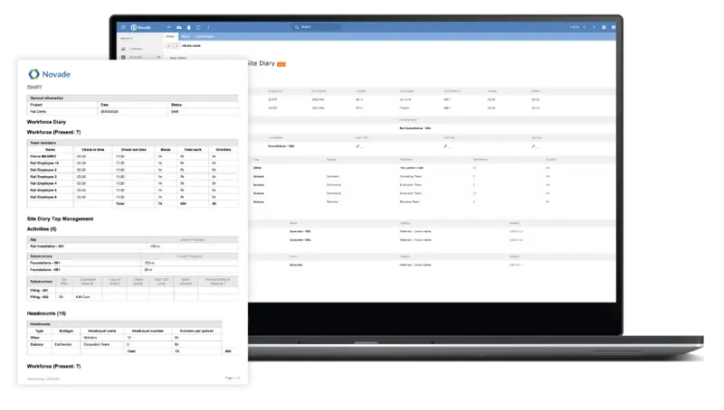 Novade reporting dashboard displaying site diary, workforce management, and construction activity metrics