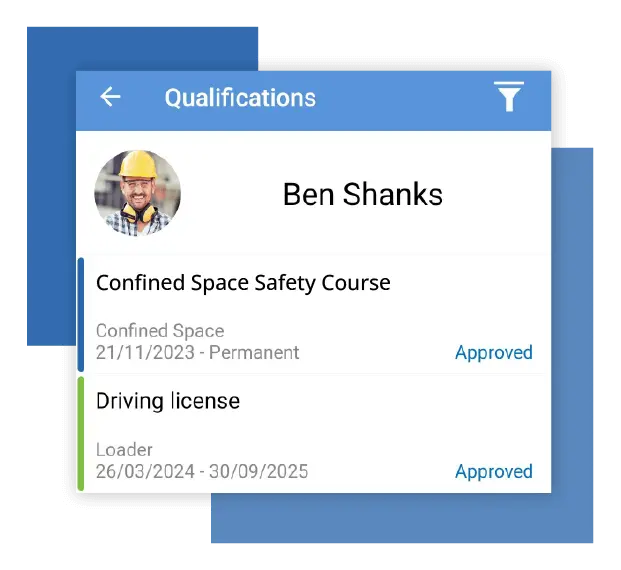 Novade worker qualifications screen displaying safety certifications and license details