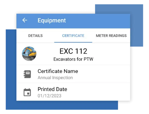 Mobile app interface showing excavator certificate for permit-to-work safety system