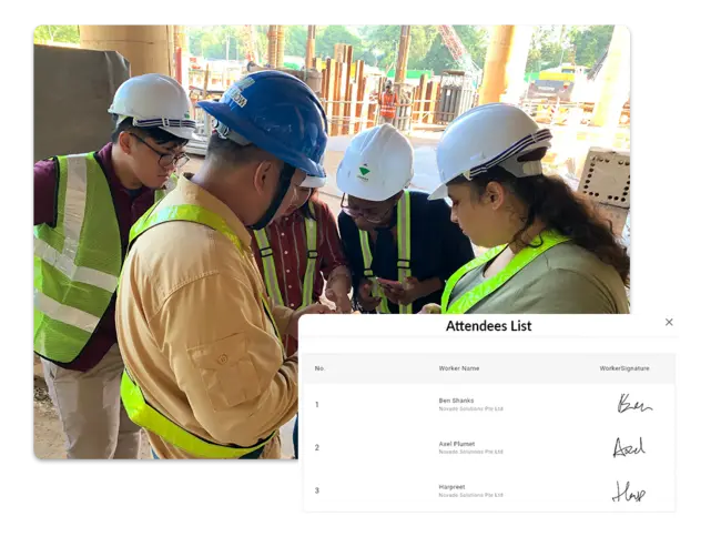 Construction workers signing in on Novade safety attendance list at building site