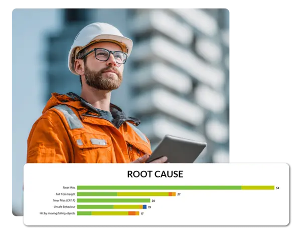 Construction worker reviewing root cause analysis on digital safety platform