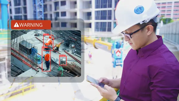 Construction inspector monitoring real-time safety alerts and compliance violations through mobile platform