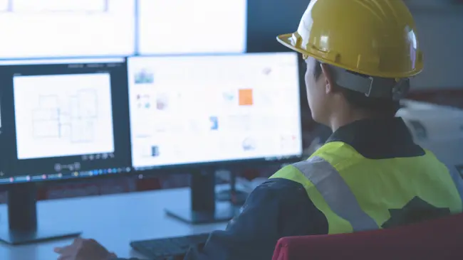 Construction worker reviewing multiple dashboards for site management and compliance