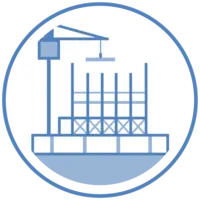 Building under construction with crane and structural scaffolding