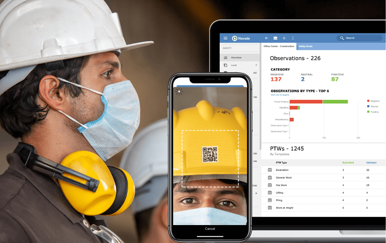Worker conducting site inspection with Novade mobile app and analytics dashboard