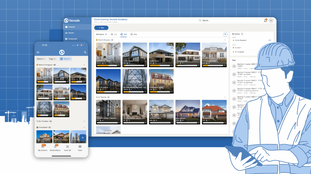 Construction site manager accessing project photos and documentation on mobile platform