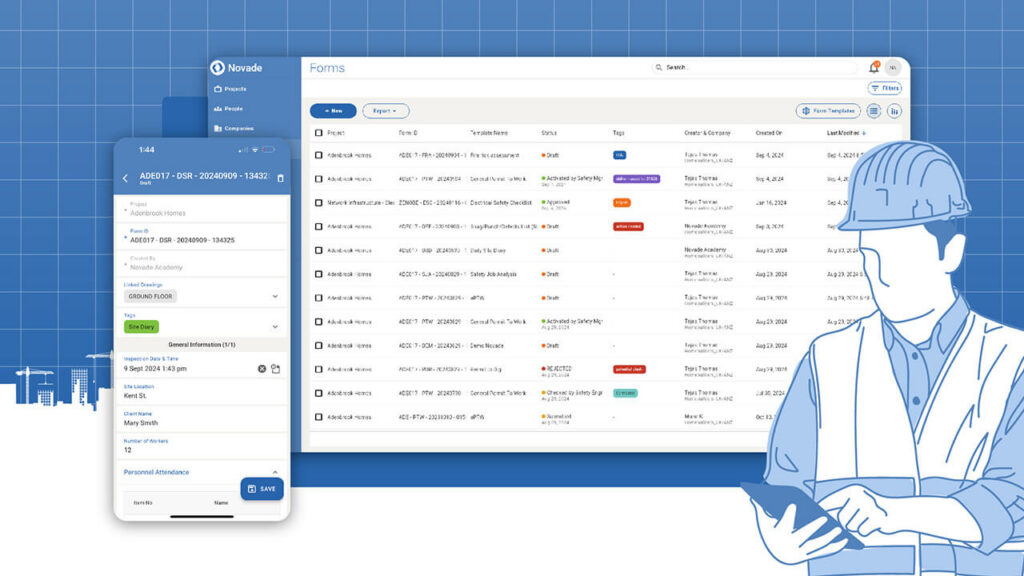 Novade Forms platform interface displaying digital construction forms and checklists