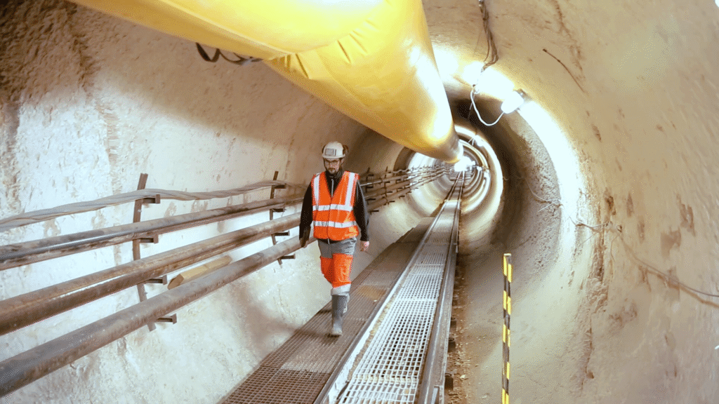 Site engineer in safety vest inspecting tunnel construction zone