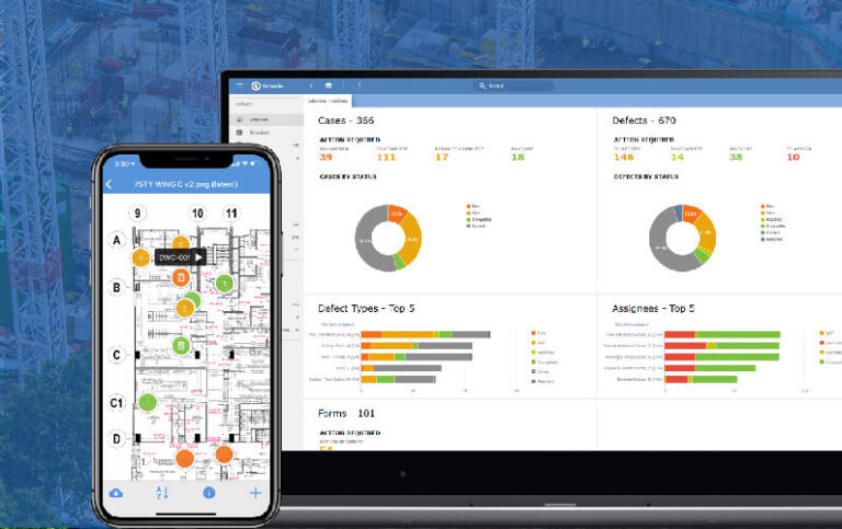 Novade Quality Module dashboard with mobile inspection checklist and defect tracking analytics