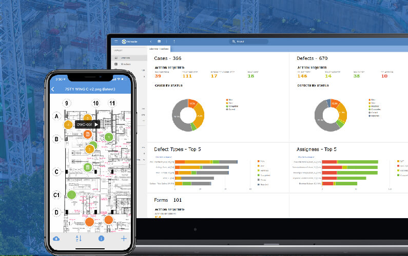 Novade Quality Module dashboard with mobile inspection checklist and defect tracking analytics