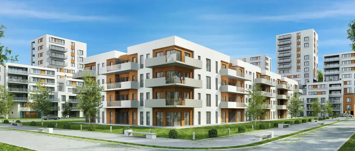 Modern residential complex with contemporary architecture and landscape design