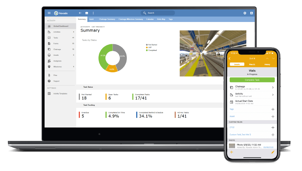 Novade activity management interface showing project dashboard and mobile task details