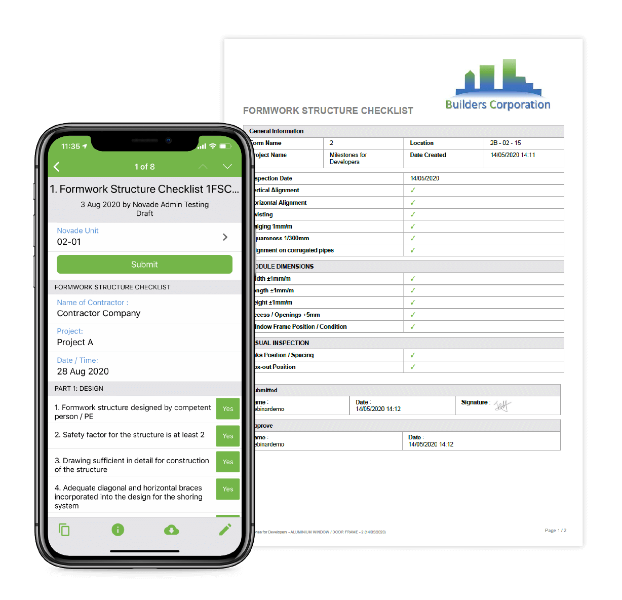 Novade formwork structure checklist on mobile device and exported document