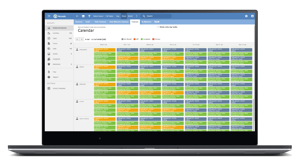 Novade activity calendar showing color-coded daily construction tasks and schedule status