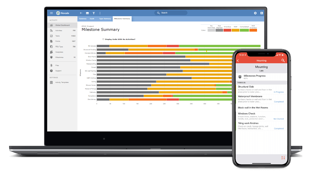 Novade milestone progress tracker displaying construction activities and task status on desktop and mobile