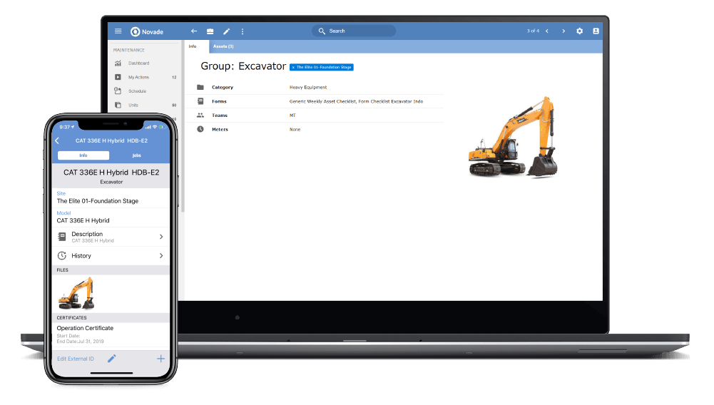 Novade maintenance management interface displaying excavator asset details across mobile and desktop