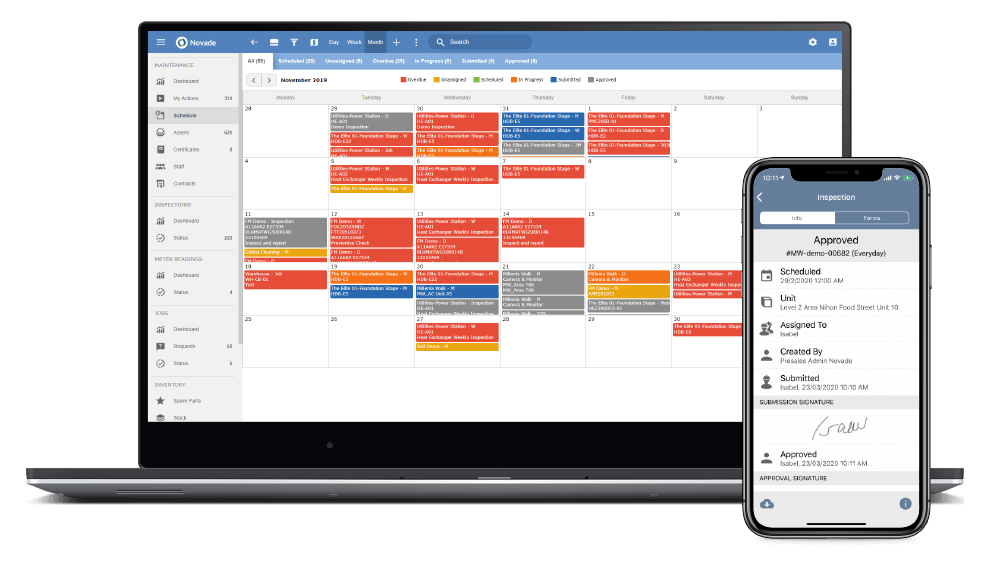 Novade maintenance calendar with task timeline on desktop and inspection approval on mobile
