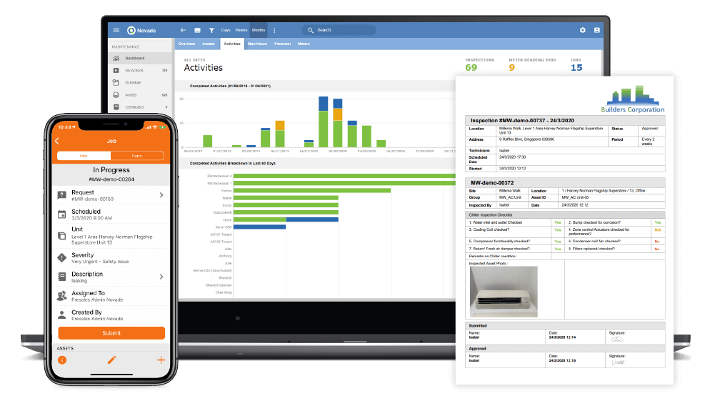 Novade maintenance and inspection platform on mobile and desktop with activity tracking
