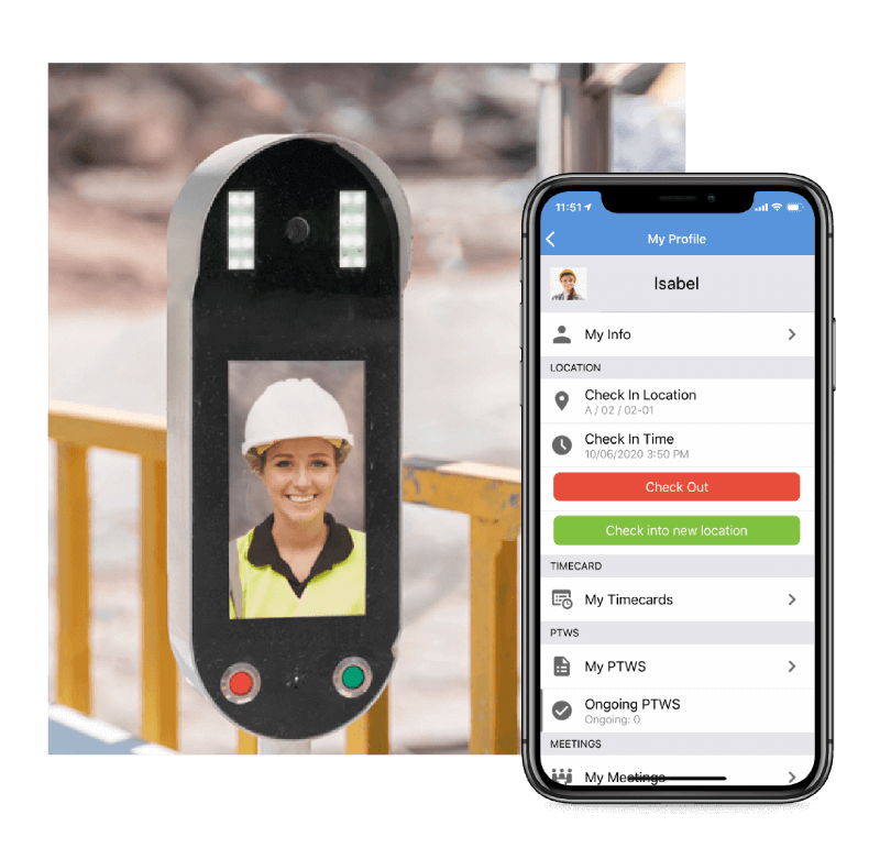 Novade workforce biometric check-in terminal and mobile app for site timecards