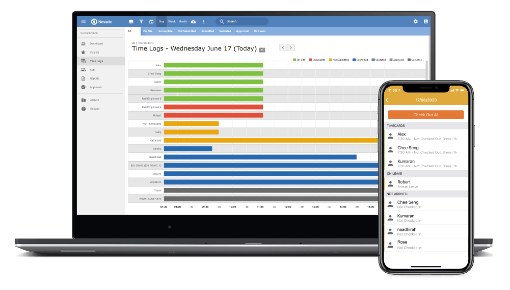 Novade workforce time logging interface on desktop and mobile devices