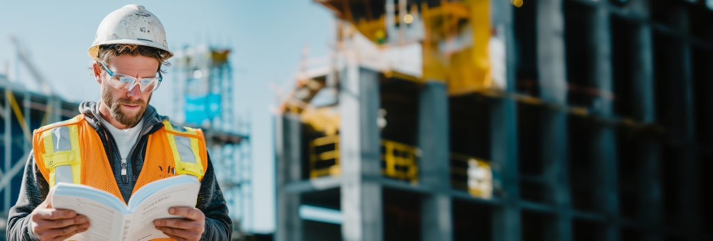 Construction compliance: worker reviewing blueprints on active job site