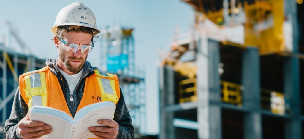 Construction compliance: worker reviewing blueprints on active job site