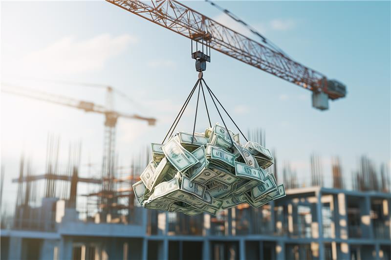 Crane hoisting stack of cash above construction site, representing compliance costs