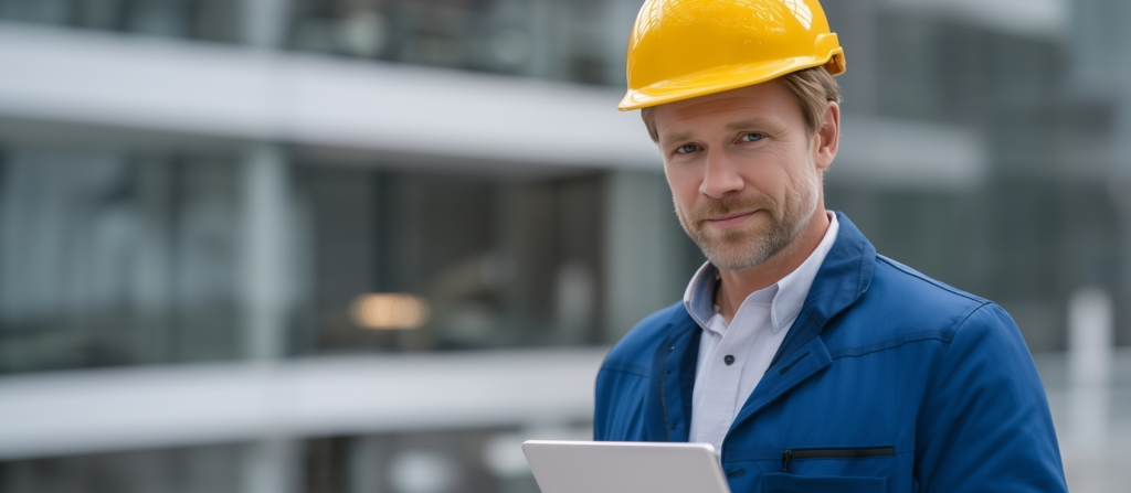 Construction site manager using tablet for digital job oversight