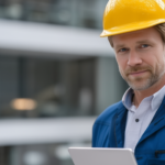Construction site manager using tablet for digital job oversight