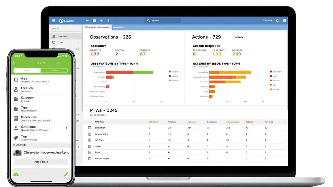 Novade HSE and safety inspection dashboard on mobile and desktop platforms