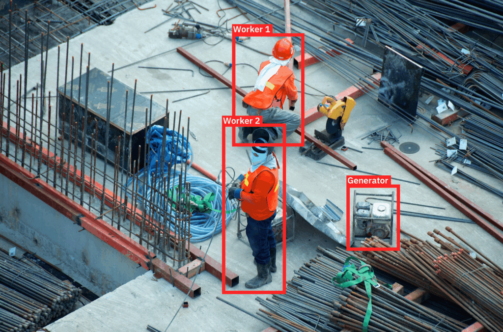 Aerial view of construction site with AI worker safety tracking and monitoring